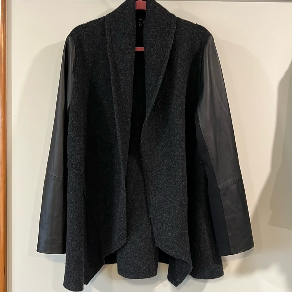 Eileen Fisher - 100% wool‎ and leather sweater jacket
